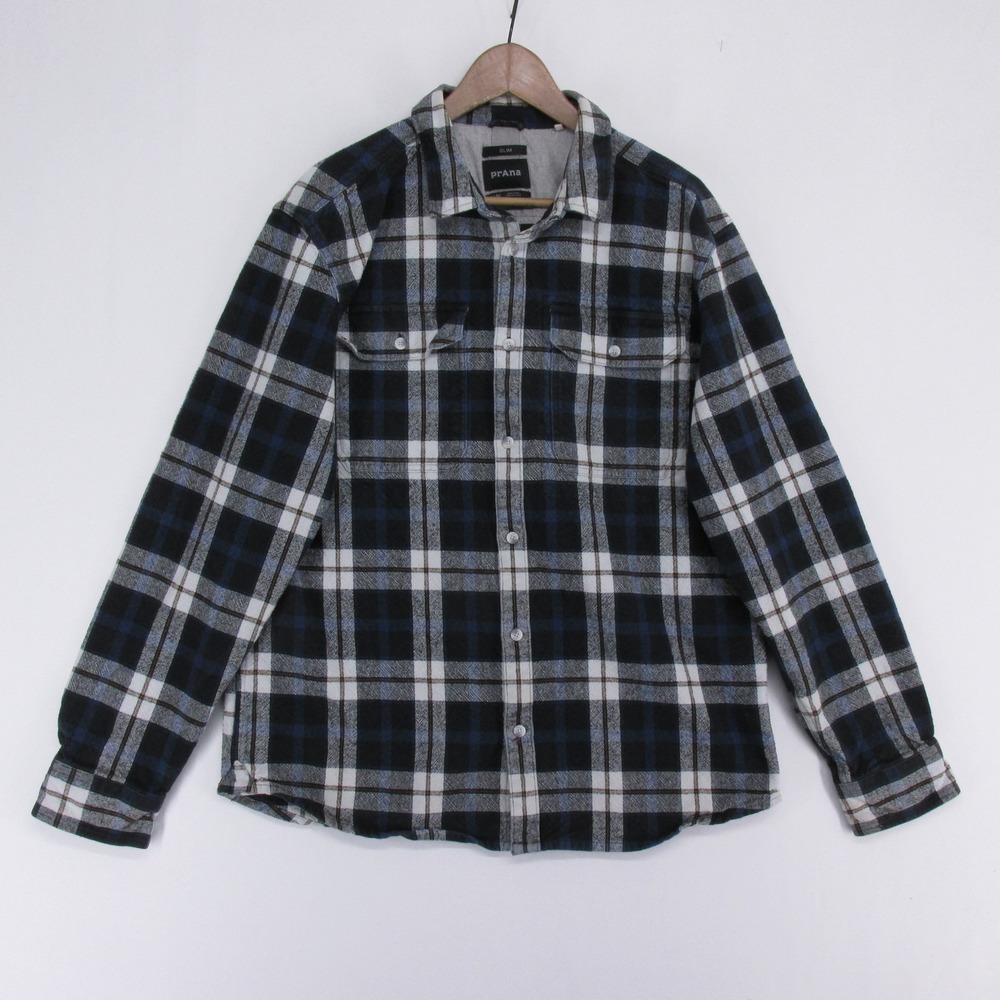 Prana Wedgemont Flannel Shirt Mens XL Blue Plaid Organic Cotton Long Sleeve